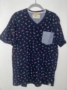Free Planet Navy V-Neck Tee with Watermelon Slice Print and Contrast Pocket